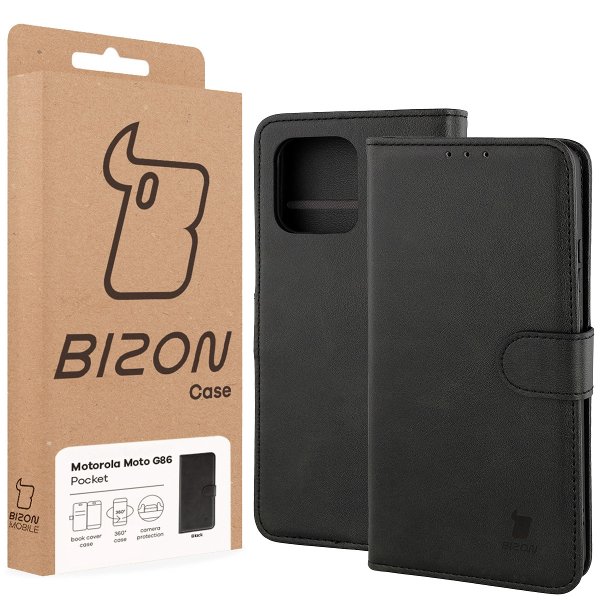 Przód pudełka Bizon Case z dedykowaną etykietą do Motorola Moto G86 5G